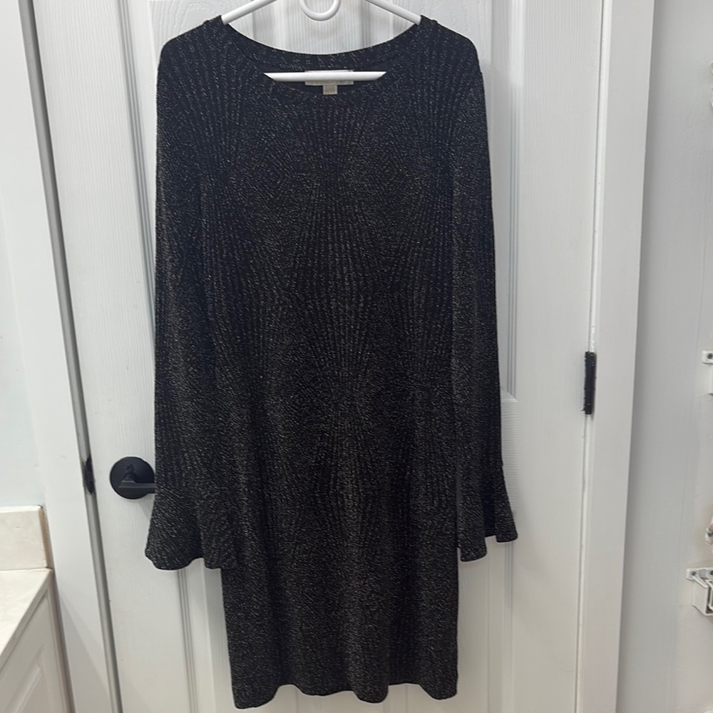 Michael Kors Black Ribbed Sheath Dress with Bell Sleeves